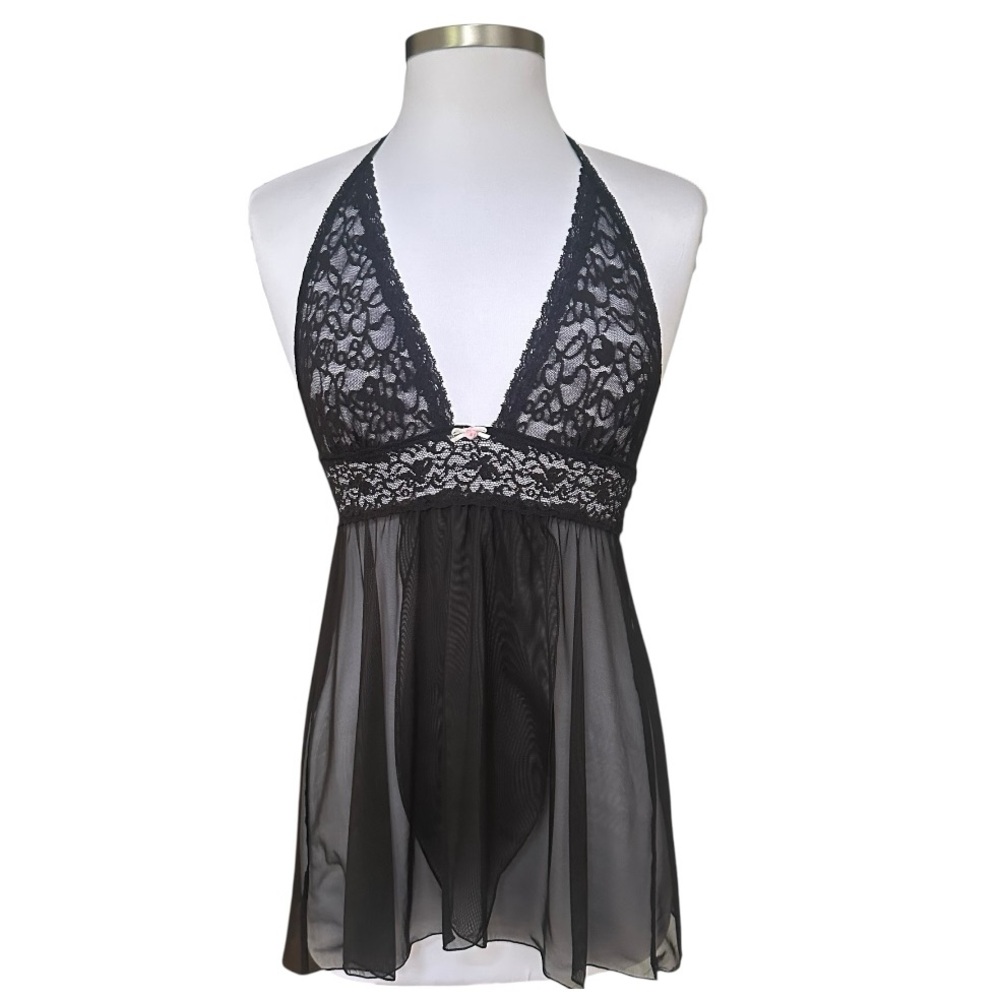 Victoria’s Secret Black Lace Halter Babydoll Set Size Small